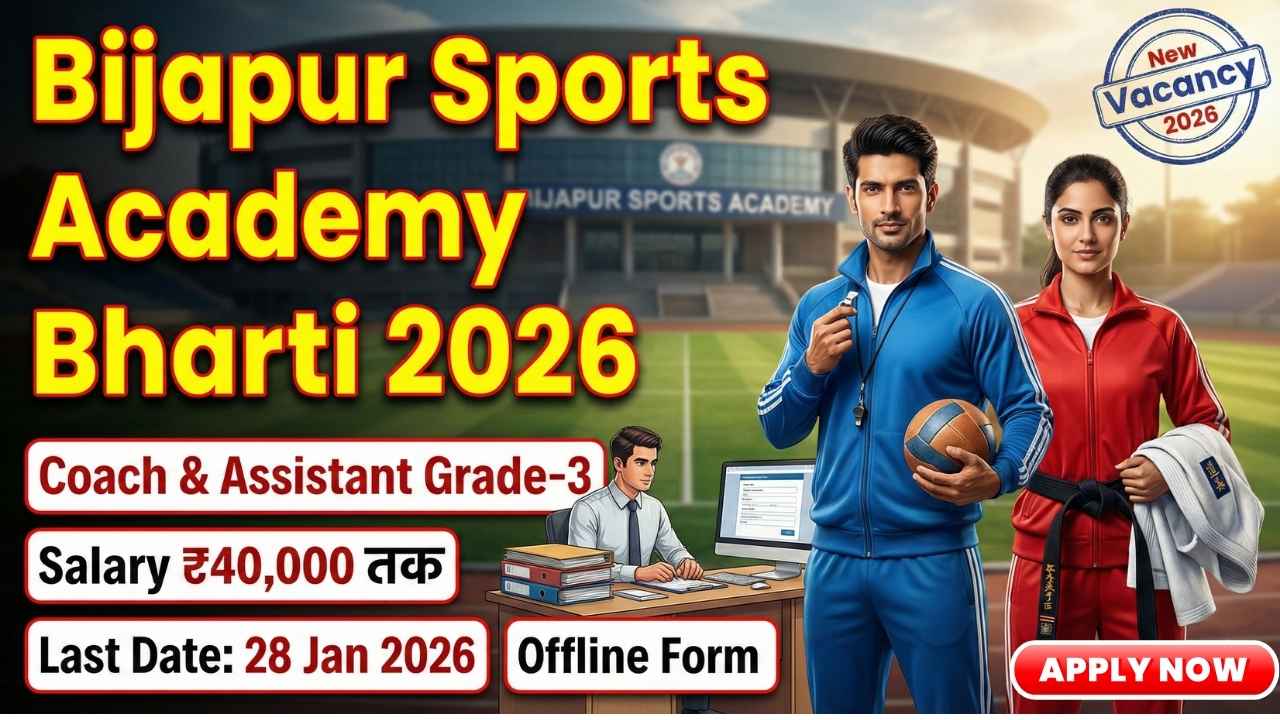 Bijapur Sports Academy Recruitment 2026 thumbnail showing coach and assistant grade 3 vacancy with salary 40000 and last date 28 January 2026