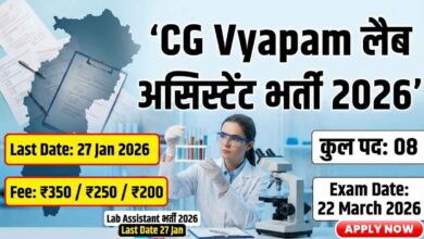CG Vyapam Lab Assistant Recruitment 2026 thumbnail showing laboratory assistant working in lab, total 8 posts, last date 27 January 2026, application fees details
