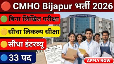 CMHO Bijapur Recruitment 2026 thumbnail showing government hospital background and candidates for staff nurse, pharmacist, lab technician and call center operator posts with walk-in interview details