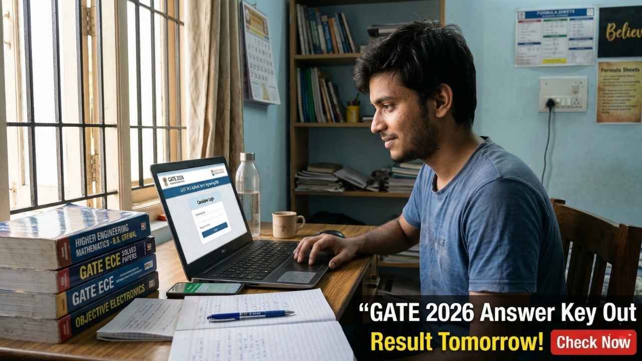 GATE 2026 final answer key released student checking result on laptop