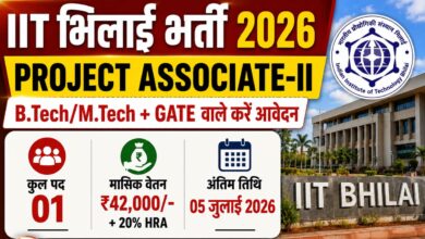IIT भिलाई Project Associate-II भर्ती 2026 का पोस्टर, जिसमें ₹42,000 वेतन, B.Tech/M.Tech + GATE योग्यता, 1 पद और आवेदन की अंतिम तिथि 05 जुलाई 2026 दर्शाई गई है।